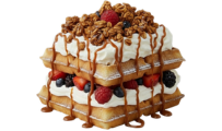 Torre de Waffle mix frutos rojos, granola de autor, dulce de leche, crema chantilly y azucar impalpable  